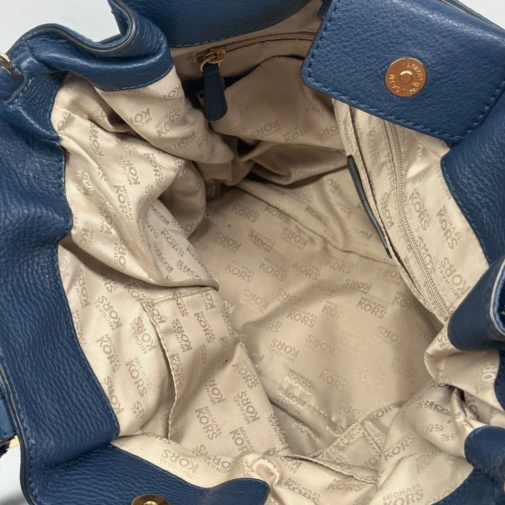 Michael Kors Gansevoort Tote Blue Leather Magnetic Snap Dual Handle Medium Bag